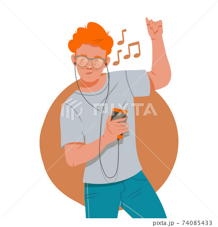 Redhead Man with Headphones Listening to Music and Moving with Dancing Motion Vector Illustration Redhead Man with Headphones Listening to Music and Moving with Dancing Motion Vector Illustration 74085433
