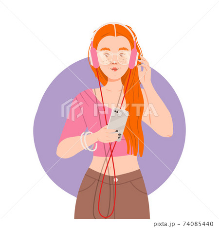Redhead Female Holding Smartphone Listening to Music with Earphones Vector Illustration Redhead Female Holding Smartphone Listening to Music with Earphones Vector Illustration 74085440