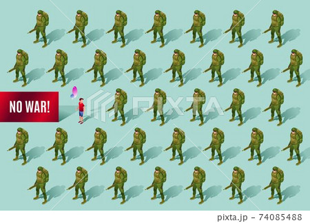 No War isometric pattern Soldiers of Modern Army and boy with air balloons concept poster and banner gorizontal design illustration isolated on green background No War isometric pattern Soldiers of Modern Army and boy with air balloons concept poster and banner gorizontal design illustration isolated on green background 74085488