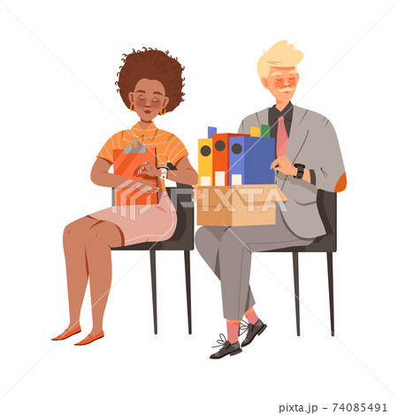 Man and Woman Office Employee Sitting and Looking at Hand Watch Counting Time Vector Illustration 74085491