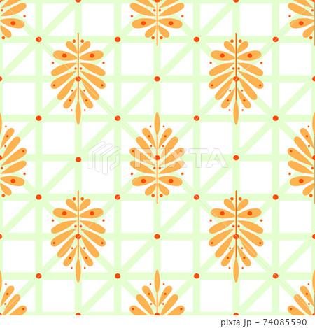 Seamless geometric ornament, orange leaves. Pastel stripes on a background with orange dots. colors. On a light background. For print and web pages. 74085590