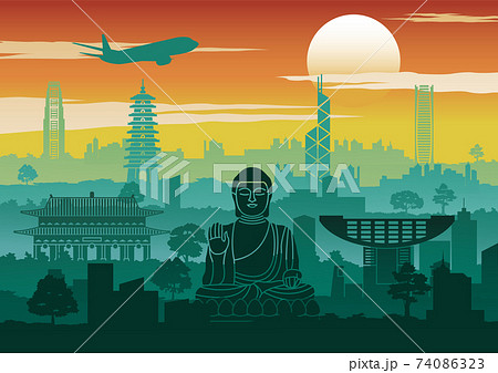 Hong Kong famous landmark silhouette style with row design on sunset time,vintage color,vector illustration 74086323