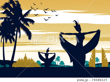 Indonesia dance show on sunset time,famous performance in front of landmark,vintage color design,vector illustration 74086325