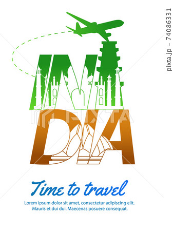 India famous landmark silhouette style inside text,national flag color green and orange design,vector illustration 74086331