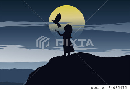 girl set bird to freedom stand on cliff on silent evening time and full moon,vector illustration 74086456