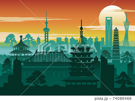 china famous landmark silhouette style with row design on sunset time,vintage color,vector illustration 74086466