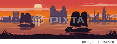 famous landmark of Vietnam,Ship,Ha long bay,Emperor palace complex in Hue and Tran Quoc pagoda in sunset time,silhouette design,Vintage color,vector illustration famous landmark of Vietnam,Ship,Ha long bay,Emperor palace complex in Hue and Tran Quoc pagoda in sunset time,silhouette design,Vintage color,vector illustration 74086476
