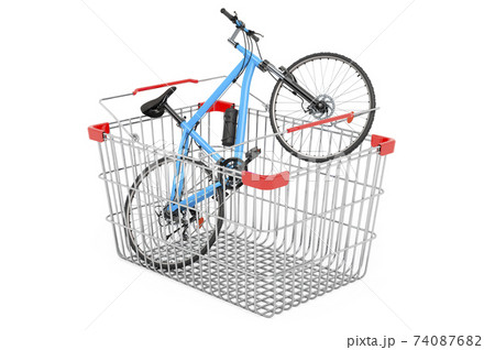 Shopping basket with sport bicycle. 3D rendering 74087682