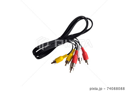 RCA cable on a white background. Twisted cable with RCA connector close up on a white background. RCA cable on a white background. Twisted cable with RCA connector close up on a white background. 74088088