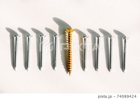 Business and business growth, individuality and independence.One screw opposite to them on a board is a lot of nails. A concept on a subject the personality and crowd.On a white background 74089424