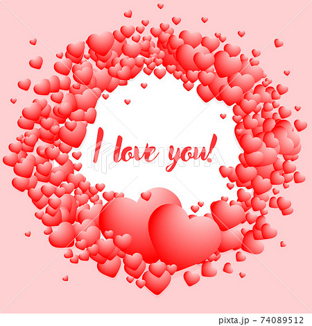 Beautiful handwritten inscription I love you in a circle of small volumetric hearts. Banner, flyer, illustration 74089512