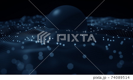 Abstract orbiting particles and dark blue globe in the centre. Space research or atomic physics related 3d rendering 74089514
