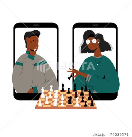 Two Black People Plays Chess Online のイラスト素材