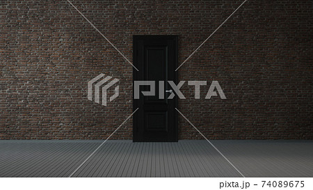 Brick wall, black door and wooden floor, abstract empty interior background. 3d illustration Brick wall, black door and wooden floor, abstract empty interior background. 3d illustration 74089675