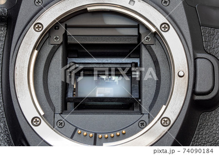 The mirror of digital Camera APS-C and lens mount, close-up.  74090184