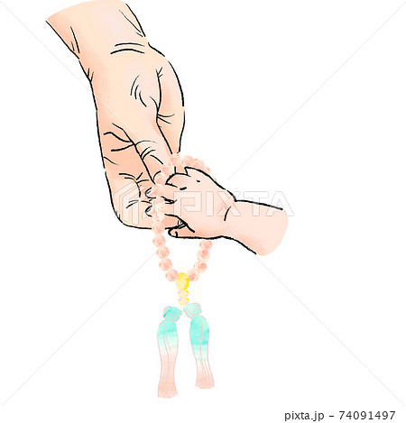 シニア 孫 手を繋ぐ 高齢者 手 念仏 合掌 お経 年寄り 数珠玉 数珠 祈る 法要 法事 仏教のイラスト素材