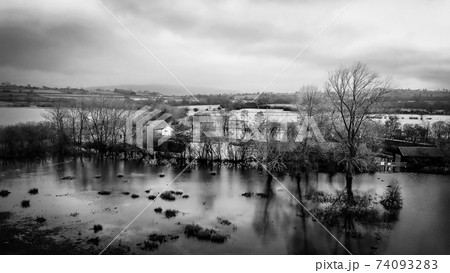 Brecon Beacons National Park in Wales - aerial view in black and white 74093283