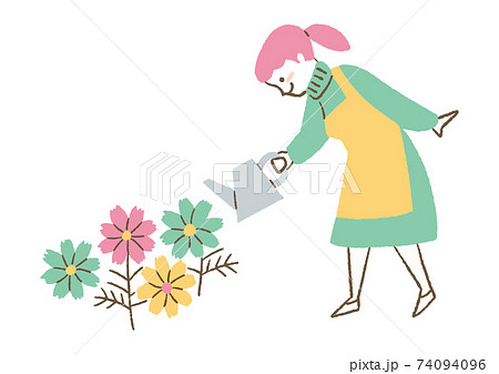 花に水をかける女性のイラスト素材