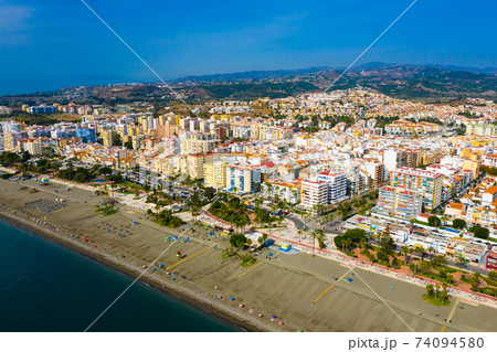Top view of beaches and hotels of Torre del Mar on Mediterranean coast. Spain 74094580