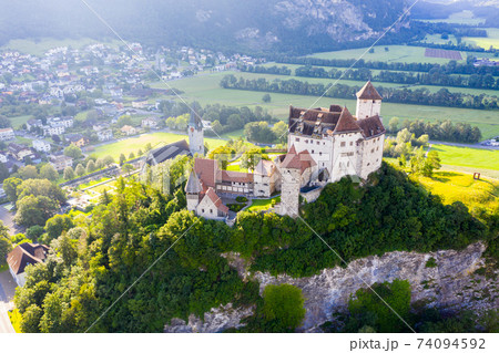 View from drone of Gutenberg Castle in Balzers, Liechtenstein 74094592