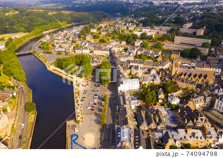 Aerial view of Lannion city on the Lege river, Brittany region Aerial view of Lannion city on the Lege river, Brittany region 74094798