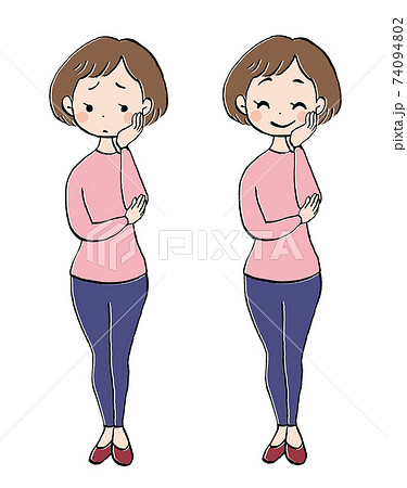 困った女性と嬉しそうな女性の全身イラストのイラスト素材