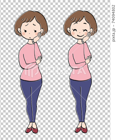 困った女性と嬉しそうな女性の全身イラストのイラスト素材