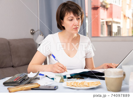 Woman sitting at table at home calculating domestic finances and bills Woman sitting at table at home calculating domestic finances and bills 74097889