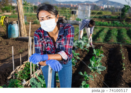 Female farmer in protective mask with shovel on farm field 74100517