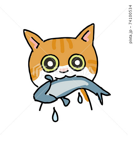 魚を食べる 茶色トラ猫の手書きイラストのイラスト素材 [74100534] - PIXTA