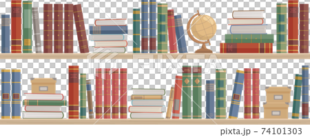 たくさんの本と地球儀と収納ボックスが並んだ本棚 白バック ベクターイラストレーション のイラスト素材