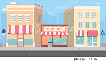 Flat Building And Shopping Street Marke with traffic sign on footpath.Vector illustration.Cityscape on main street.Shop facade on road with silhouette town background.Modern store buildings outdoor. 74102365