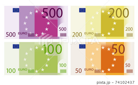 set of banknotes of 500, 200, 100 and 50 euros. Templates for design. Isolated vector on white background set of banknotes of 500, 200, 100 and 50 euros. Templates for design. Isolated vector on white background 74102437
