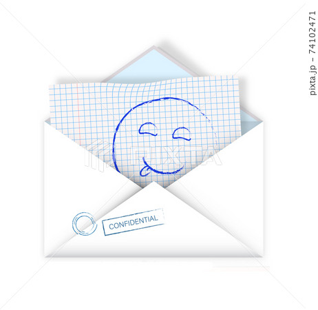 realistic detailed open mail envelope with a notebook sheet and a painted smile. Unexpected pleasant surprise. Isolated vector on white background realistic detailed open mail envelope with a notebook sheet and a painted smile. Unexpected pleasant surprise. Isolated vector on white background 74102471