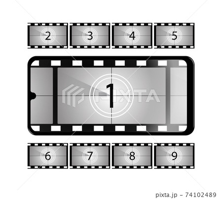 realistic smartphone with a countdown to the start of the movie on the screen. Film frames with account numbers. Isolated vector template realistic smartphone with a countdown to the start of the movie on the screen. Film frames with account numbers. Isolated vector template 74102489