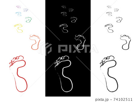 footprints in the sand in rainbow colors. Imitation of a drawing by paints. Good summer mood. Isolated vector on white background 74102511