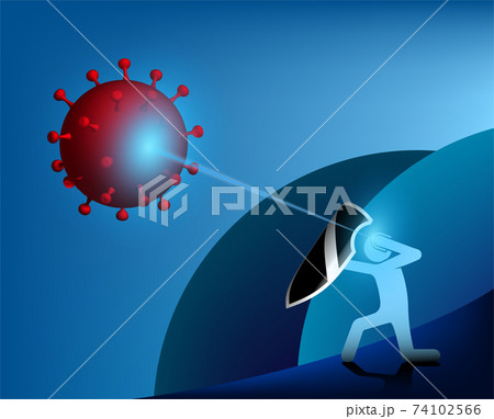 Stick man with a shield and laser weapons is fighting the virus. The fight against disease, infection. Danger of doctors working during an epidemic. Vector illustration Stick man with a shield and laser weapons is fighting the virus. The fight against disease, infection. Danger of doctors working during an epidemic. Vector illustration 74102566