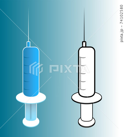 medical syringe with blue medicine inside and black and white. Isolated vector on white background 74102580
