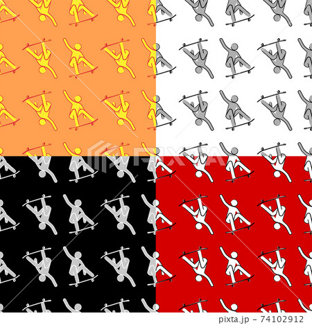 set of seamless yellow-orange summer pattern with a man on a skateboard. Template for textile. Minimalistic vector 74102912