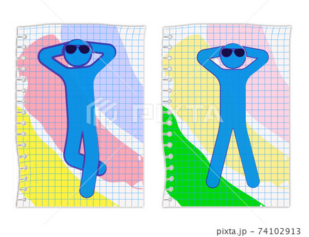 man with glasses lies on a colored towel, takes a sun bath. Summer vacation at sea. Ink drawing on a checkered sheet of paper. Isolated vector on white background 74102913