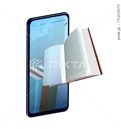 Online reading concept, smartphone with books inside. The book flies out of the phone screen. Distance learning and education. Isolated vector on white background Online reading concept, smartphone with books inside. The book flies out of the phone screen. Distance learning and education. Isolated vector on white background 74103072
