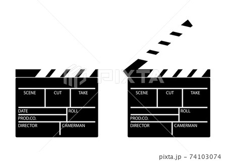 Clapper board for shooting the film in the open and closed position. Assistant director. Black and white icon. Vector Clapper board for shooting the film in the open and closed position. Assistant director. Black and white icon. Vector 74103074