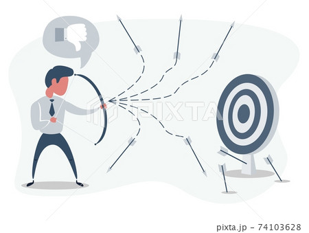 Man or businessman shooting arrow at target with bow and missing. Business concept of failure. Man or businessman shooting arrow at target with bow and missing. Business concept of failure. 74103628