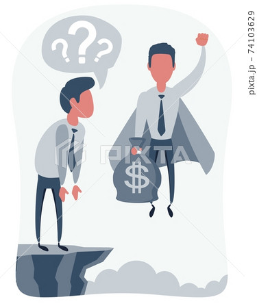 Superhero flies up and leaves a surprised man on the cliff. Super worker in the cape takes off. Superhero flies up and leaves a surprised man on the cliff. Super worker in the cape takes off. 74103629