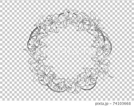 Round frame of lily flower and miscanthus (line art) 74103668