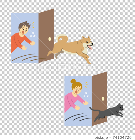 家から脱走する犬と猫のイラストのイラスト素材