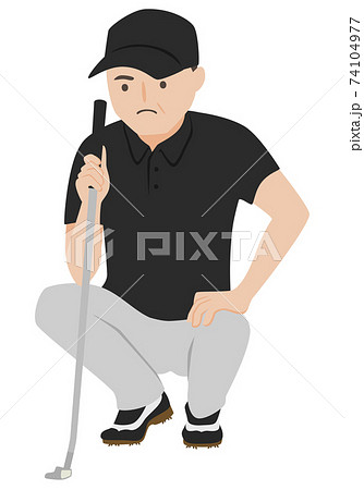 ゴルフをしてる男性のイラスト。グリーン上でカップまでのラインを見ている男性。 74104977