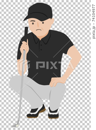 ゴルフをしてる男性のイラスト。グリーン上でカップまでのラインを見ている男性。 74104977