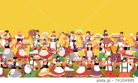 crowd people holding beer mugs and playing musical instruments Oktoberfest party celebration concept 74104995