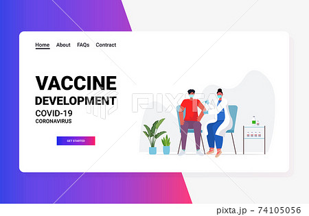 female doctor in mask vaccinating male patient fight against coronavirus vaccine development concept 74105056